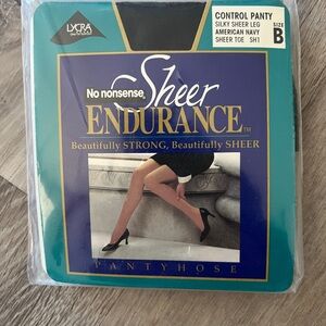No Nonsense Sheer Endurance Pantyhose Control Panty Sheer Toe Navy Sz B NEW